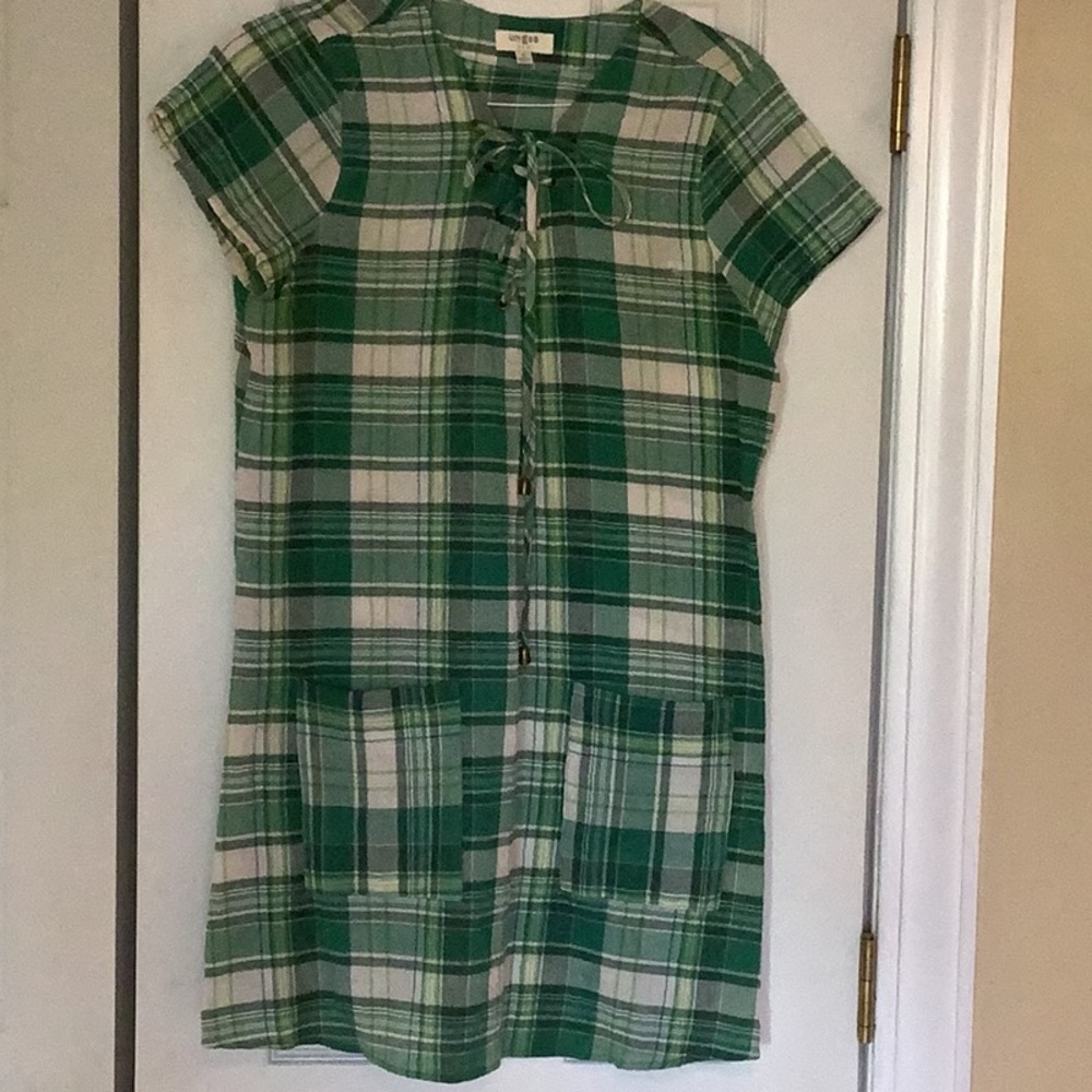 Umgee green plaid dress, lace up with pockets on front, size S